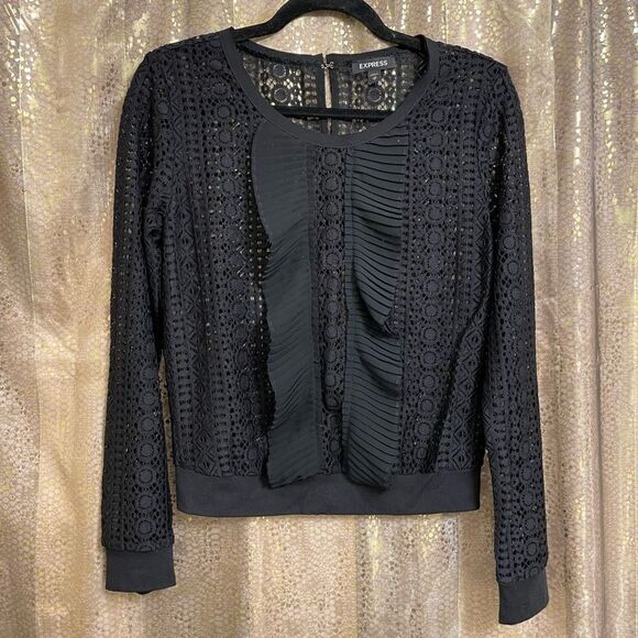 Express Black Embroidered Knit Ruffle Front Long Sleeve Top XS - Picture 1 of 6